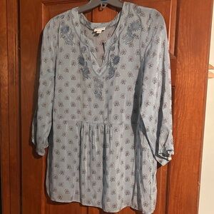 J Jill large Floral Embroidered Blue Tunic Top